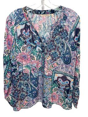 Soft Surroundings Maisie Blue Multicolor Floral Paisley Beaded Blouse Boho LARGE
